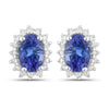 0.88 Ct Oval Violet Tanzanite & Lab Diamond Prong Silver Halo Basket Stud Earrings