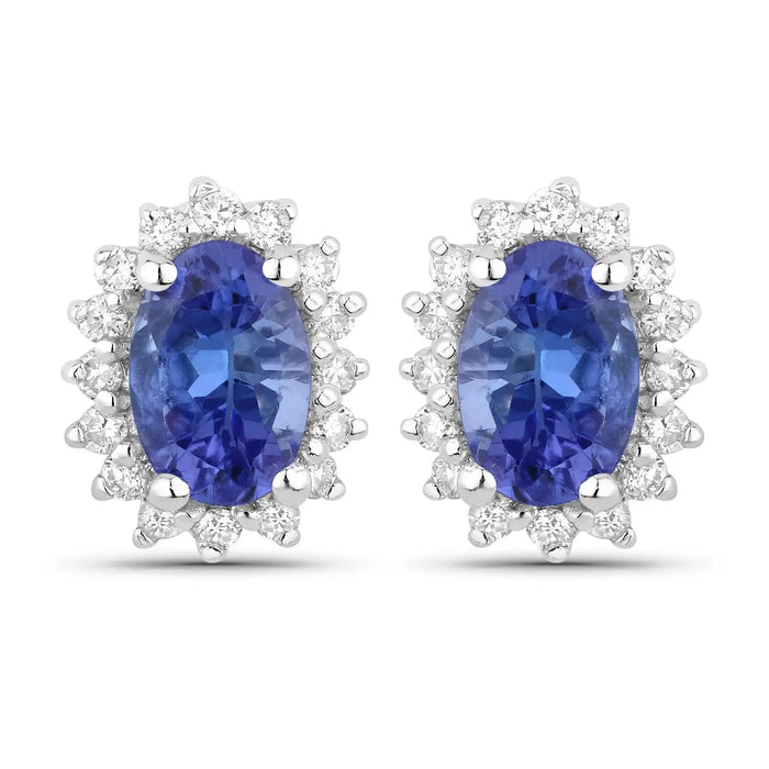 0.88 Ct Oval Violet Tanzanite & Lab Diamond Prong Silver Halo Basket Stud Earrings by Fine Color Jewels