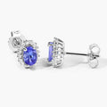 0.88 Ct Oval Violet Tanzanite & Lab Diamond Prong Silver Halo Basket Stud Earrings by Fine Color Jewels