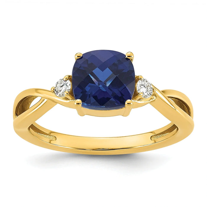 0.89 Ct Cushion Blue Created Sapphire & Lab Diamond Three Stone 14K Gold Bypass Ring by Fine Color Jewels