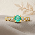 0.89 Ct Round Green Emerald and Moissanite Prong 22K Gold Vermeil Engagement Ring by Fine Color Jewels