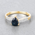 0.89ct Pear Blue Sapphire and White Diamond Prong 14K Yellow Gold Bypass Pave Band Ring by Fine Color Jewels