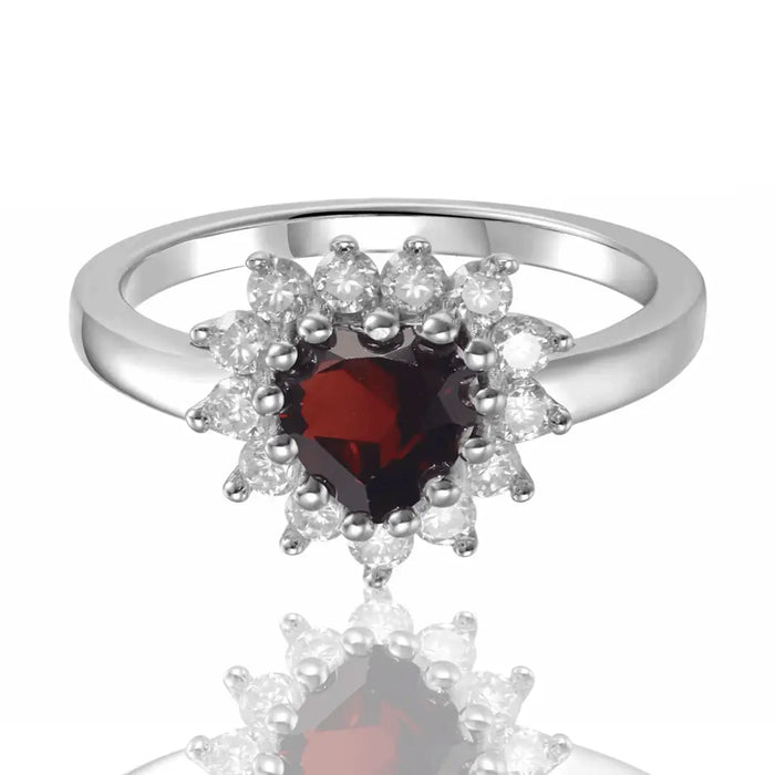 0.90 Ct Heart Red Garnet Prong Silver Halo Ring by Fine Color Jewels