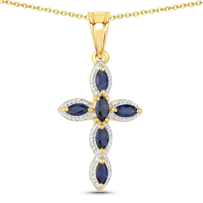0.90 Ct Marquise Blue Sapphire Prong Silver Cross Pendant Necklace by Fine Color Jewels
