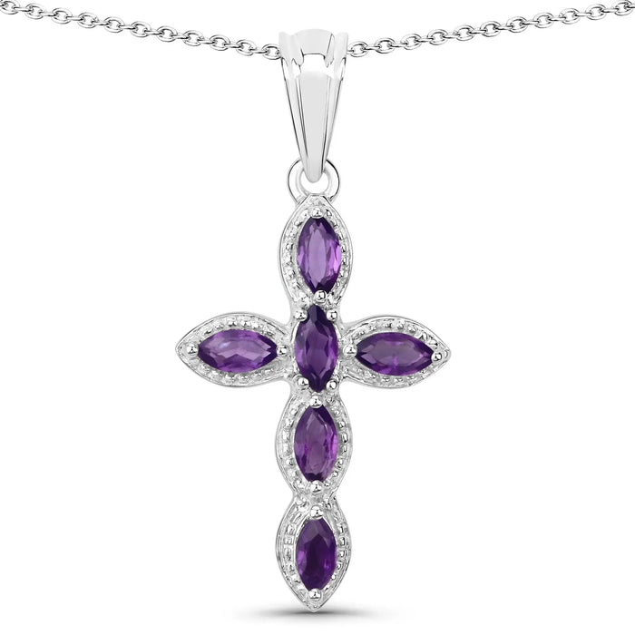 0.90 Ct Marquise Purple Amethyst Prong Silver Cross Pendant Necklace by Fine Color Jewels