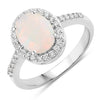 0.90 Ct Oval White Ethiopian Opal and Lab Diamond Prong Silver Halo Pave Ring