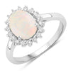 0.90 Ct Oval White Ethiopian Opal and Lab Diamond Prong Silver Halo Ring