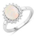 0.90 Ct Oval White Ethiopian Opal and Lab Diamond Prong Silver Halo Ring by Fine Color Jewels