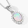 0.90 Ct Oval White Ethiopian Opal & Lab Diamond Prong Silver Halo Pendant Necklace by Fine Color Jewels