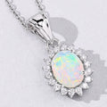0.90 Ct Oval White Ethiopian Opal & Lab Diamond Prong Silver Halo Pendant Necklace by Fine Color Jewels