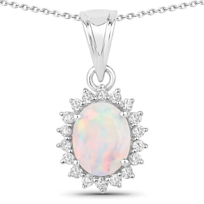 0.90 Ct Oval White Ethiopian Opal & Lab Diamond Prong Silver Halo Pendant Necklace by Fine Color Jewels