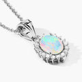 0.90 Ct Oval White Ethiopian Opal & Lab Diamond Prong Silver Halo Pendant Necklace by Fine Color Jewels