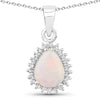 0.90 Ct pear white Ethiopian Opal and Lab Diamond prong Silver Halo teardrop pendant Necklace