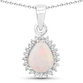 0.90 Ct pear white Ethiopian Opal and Lab Diamond prong Silver Halo teardrop pendant Necklace by Fine Color Jewels