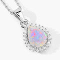0.90 Ct pear white Ethiopian Opal and Lab Diamond prong Silver Halo teardrop pendant Necklace by Fine Color Jewels