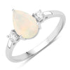 0.90 Ct Pear White Ethiopian Opal and Lab Diamond Prong Silver Three Stone Ring