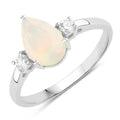 0.90 Ct Pear White Ethiopian Opal and Lab Diamond Prong Silver Three Stone Ring by Fine Color Jewels