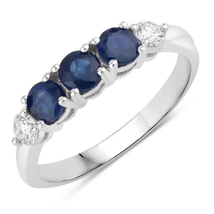 0.90 Ct Round Blue Sapphire & Lab Diamond Prong Silver Five Stone Ring by Fine Color Jewels