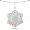 0.90 Ct round white Ethiopian Opal and Lab Diamond prong Silver flower pendant Necklace