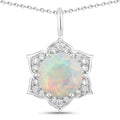 0.90 Ct round white Ethiopian Opal and Lab Diamond prong Silver flower pendant Necklace by Fine Color Jewels