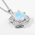 0.90 Ct round white Ethiopian Opal and Lab Diamond prong Silver flower pendant Necklace by Fine Color Jewels