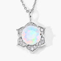 0.90 Ct round white Ethiopian Opal and Lab Diamond prong Silver flower pendant Necklace by Fine Color Jewels