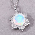 0.90 Ct round white Ethiopian Opal and Lab Diamond prong Silver flower pendant Necklace by Fine Color Jewels