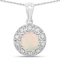 0.90 Ct round white Ethiopian Opal and Lab Diamond prong Silver Halo pendant Necklace by Fine Color Jewels