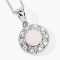 0.90 Ct round white Ethiopian Opal and Lab Diamond prong Silver Halo pendant Necklace by Fine Color Jewels