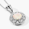 0.90 Ct round white Ethiopian Opal and Lab Diamond prong Silver Halo pendant Necklace by Fine Color Jewels