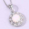0.90 Ct round white Ethiopian Opal and Lab Diamond prong Silver Halo pendant Necklace by Fine Color Jewels
