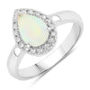 0.90 Ct Teardrop White Ethiopian Opal and Lab Diamond Prong Silver Halo Ring