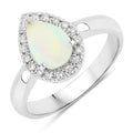 0.90 Ct Teardrop White Ethiopian Opal and Lab Diamond Prong Silver Halo Ring by Fine Color Jewels