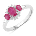 0.92 Ct Oval Pink Mozambique Ruby and Lab Diamond Prong Silver Three Stone Cocktail Ring by Fine Color Jewels