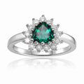 0.93 Ct Heart Green Created Emerald and White Topaz Prong Silver Floral Halo Ring by Fine Color Jewels