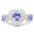 0.95 Ct Heart Violet Tanzanite & Diamond Prong Silver Halo Three Stone Ring by Fine Color Jewels