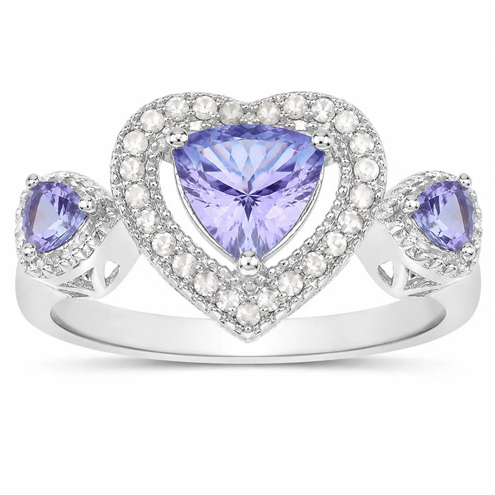 0.95 Ct Heart Violet Tanzanite & Diamond Prong Silver Halo Three Stone Ring by Fine Color Jewels