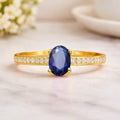 0.95 Ct Oval Blue Sapphire and Moissanite Prong 22k Gold Vermeil Pave-set Solitaire Ring by Fine Color Jewels