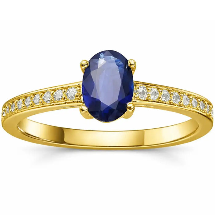 0.95 Ct Oval Blue Sapphire and Moissanite Prong 22k Gold Vermeil Pave-set Solitaire Ring by Fine Color Jewels