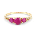 0.95 Ct Round Pink Ruby & Diamond Prong 14K Yellow Gold Pave Three Stone Split Shank Ring by Fine Color Jewels