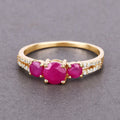 0.95 Ct Round Pink Ruby & Diamond Prong 14K Yellow Gold Pave Three Stone Split Shank Ring by Fine Color Jewels