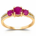 0.95 Ct Round Pink Ruby & Diamond Prong 14K Yellow Gold Pave Three Stone Split Shank Ring by Fine Color Jewels
