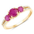 0.95 Ct Round Pink Ruby & Diamond Prong 14K Yellow Gold Pave Three Stone Split Shank Ring by Fine Color Jewels