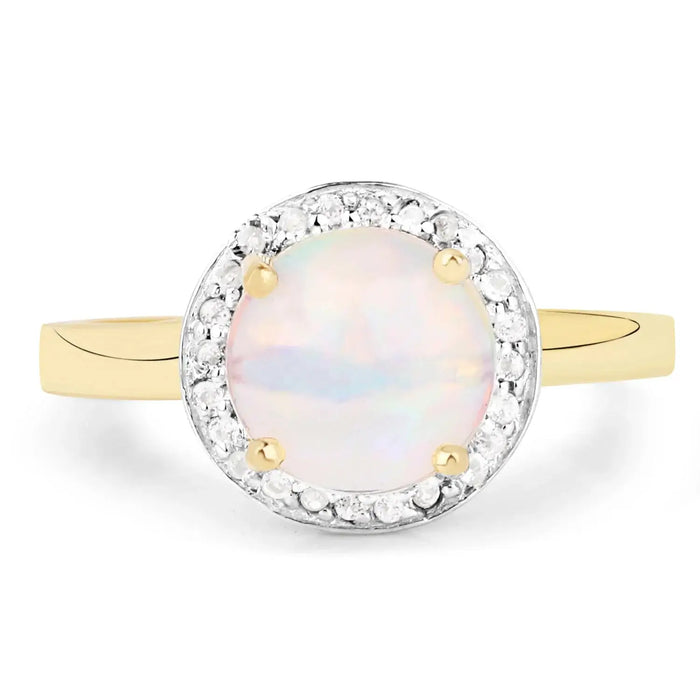0.95 Ct Round White Ethiopian Opal Prong Yellow Gold Plated Silver Halo Ring by Fine Color Jewels