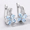 0.96 Ct Pear Blue Aquamarine & Lab Diamond Prong Silver Flower Drop Earrings by Fine Color Jewels