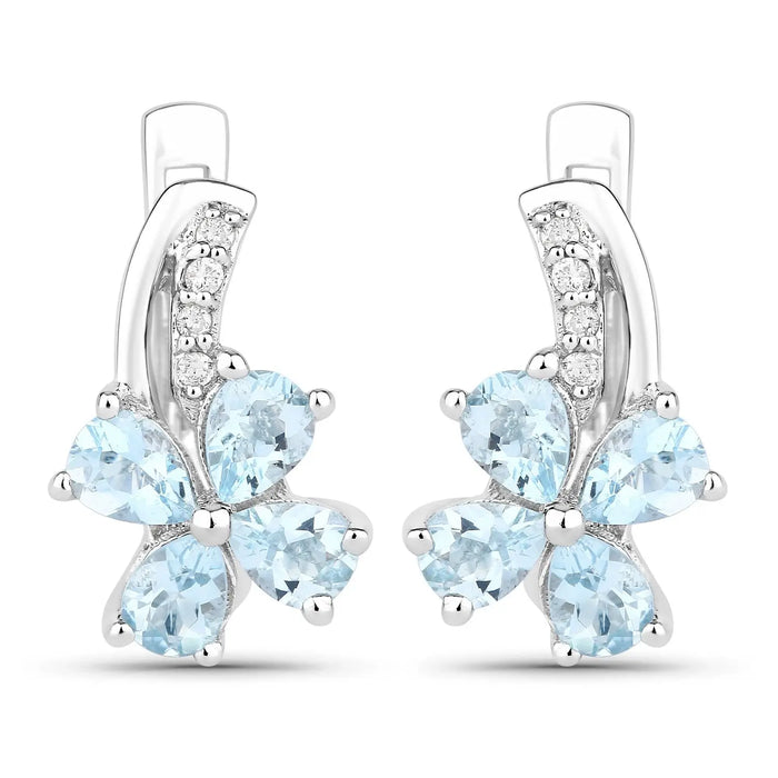 0.96 Ct Pear Blue Aquamarine & Lab Diamond Prong Silver Flower Drop Earrings by Fine Color Jewels