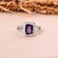 0.97 Ct Octagon Purple Amethyst and Moissanite Prong Silver Halo Statement Ring by Fine Color Jewels
