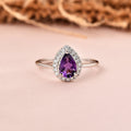 0.97 Ct Pear Purple Amethyst and Moissanite Prong Silver Halo Engagement Ring by Fine Color Jewels