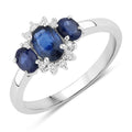0.99 Ct Oval Blue Sapphire and Lab Diamond Prong Silver Three Stone Cocktail Ring by Fine Color Jewels