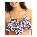 California Waves White Animal Print Flounce Lace-Up Swimsuit Top by Vanessa Jane